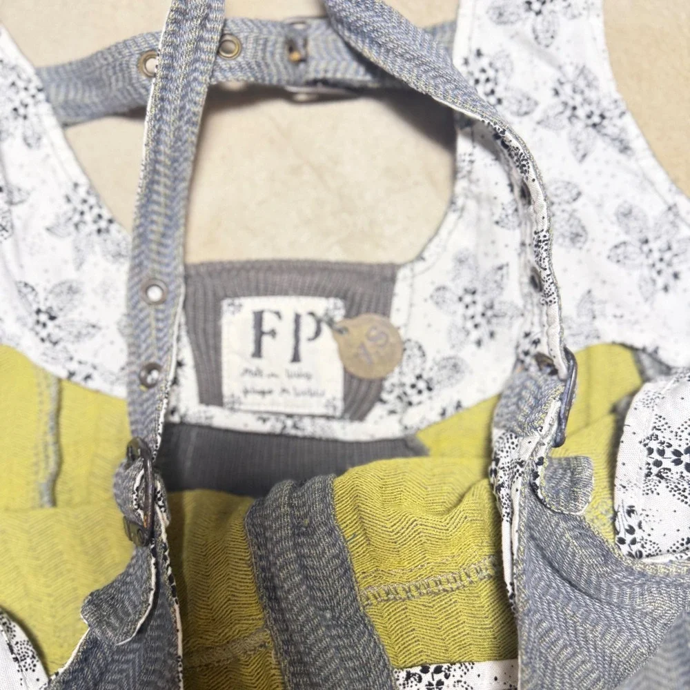 Free People FP Herringbone Pinafore Mini Dress Gray Blue Buckle Straps